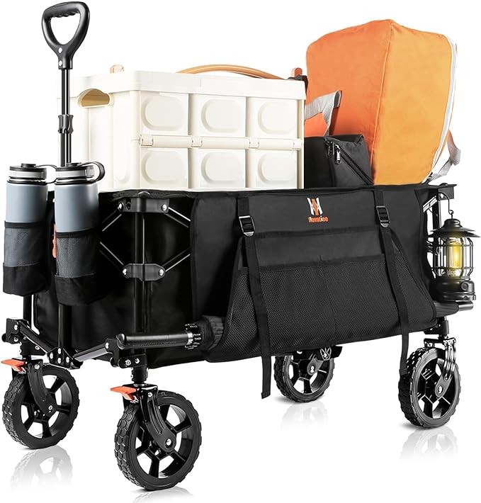 Navatiee Collapsible Folding Wagon, Heavy Duty Utility Beach Wagon Cart with Side Pocket and Brakes, Large Capacity Foldable Grocery Wagon for Garden Sports Outdoor Use, S1